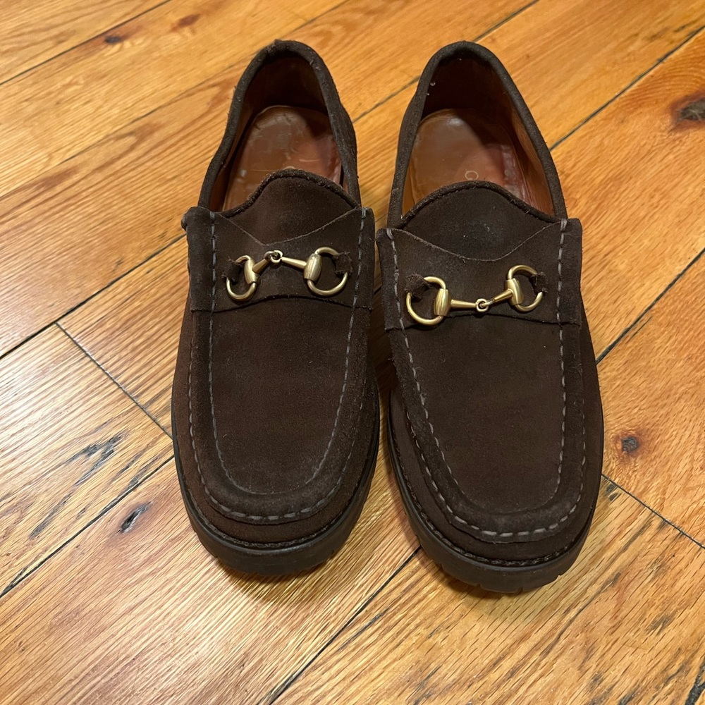 Gucci Shoe Size UK7 Dark Brown Suede Horsebit Silver Hardware Lugsole Loafers